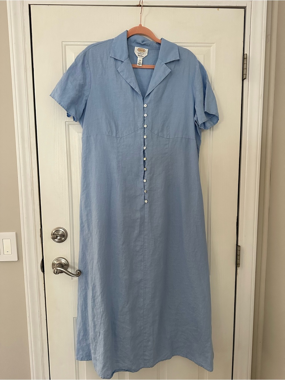 Vintage Talbots Irish Linen Button Front Midi Shirt Dress 12W Blue Feminine